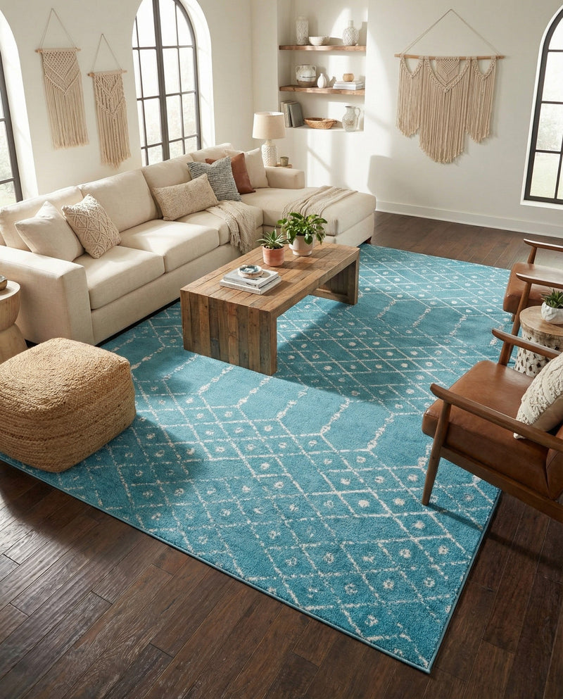 Marrakesh Lattice Collection Area Rug - Casablanca (Teal blue) Rectangle Teal blue  lifestyle 16