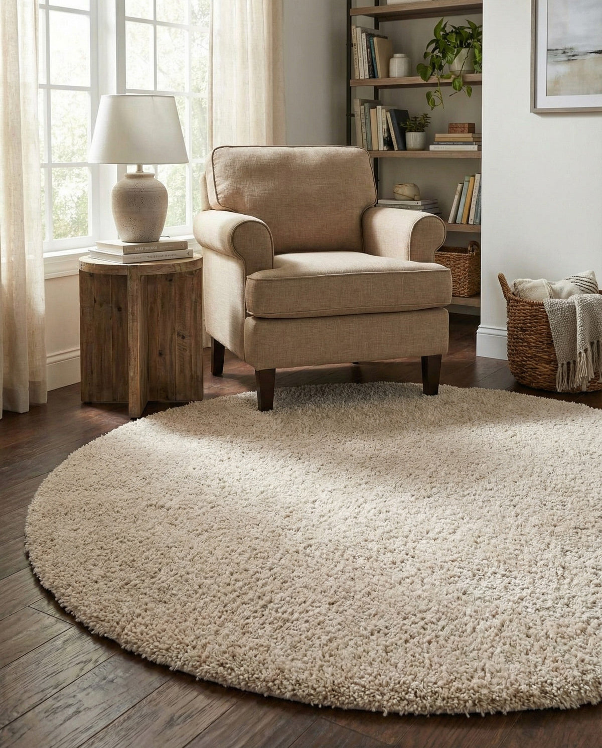 Cozy Comfort Shag Collection Area Rug - Haven (Oatmeal Beige) Round Oatmeal Beige  lifestyle 87