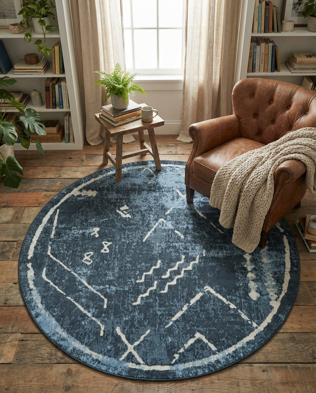 Aegean Elegance Washables Collection Area Rug - Santorini Round Navy Blue  lifestyle 134