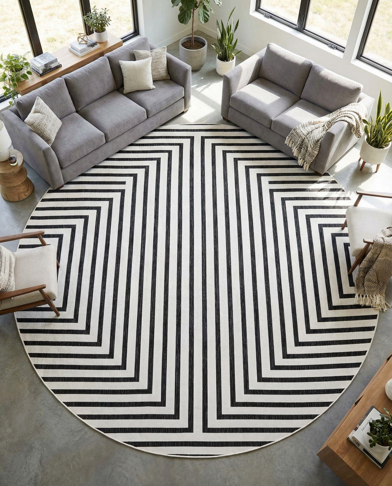 Urban Terrace Collection Area Rug -  Astoria (White and Black) Round White and Black  lifestyle 20