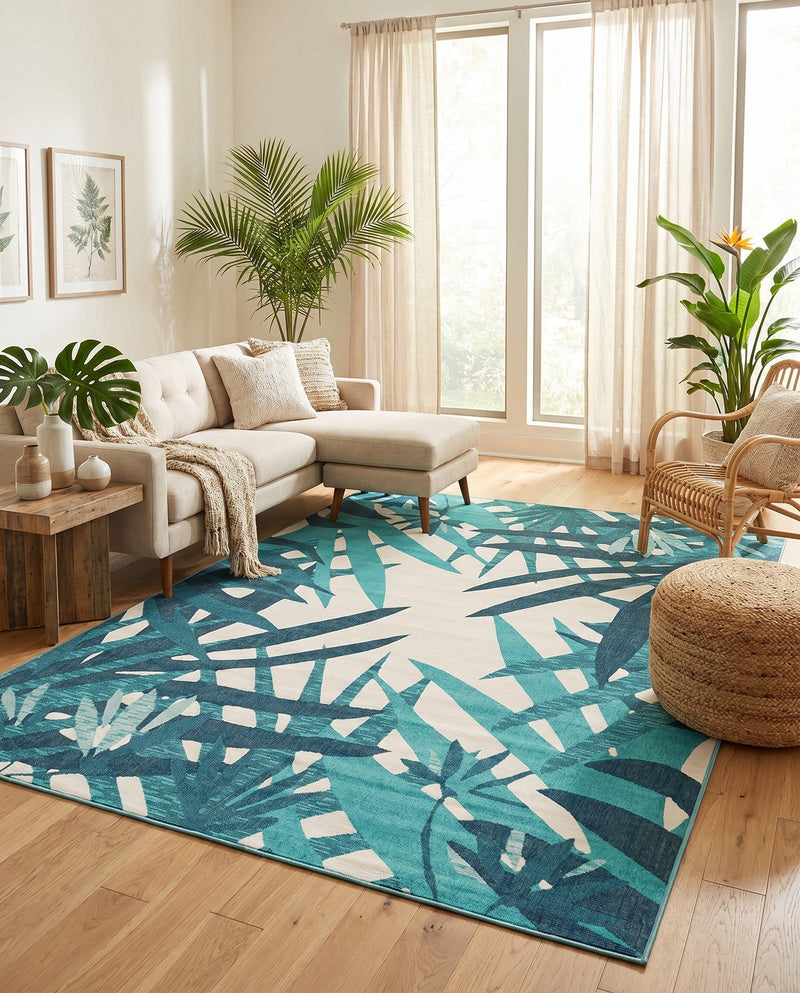 Seaside Blooms Collection Area Rug -  Provence Rectangle Teal blue  lifestyle 22