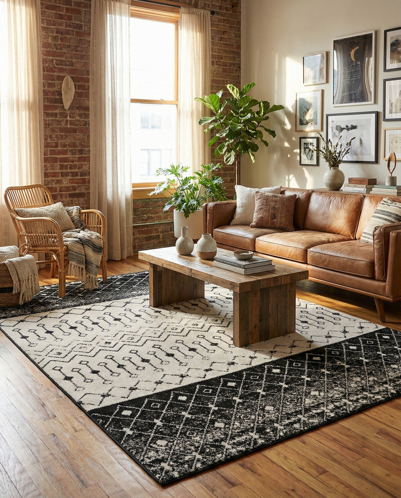 Mediterranean Lattice Collection Area Rug -  Casablanca (Black and White) Rectangle Black and White  lifestyle 9