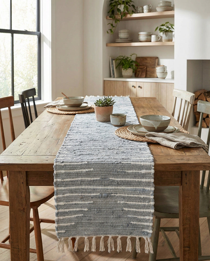 Thar Cotton Collection Area Rug - Jaisalmer (Light Gray) Table Runner Light Gray  lifestyle 76