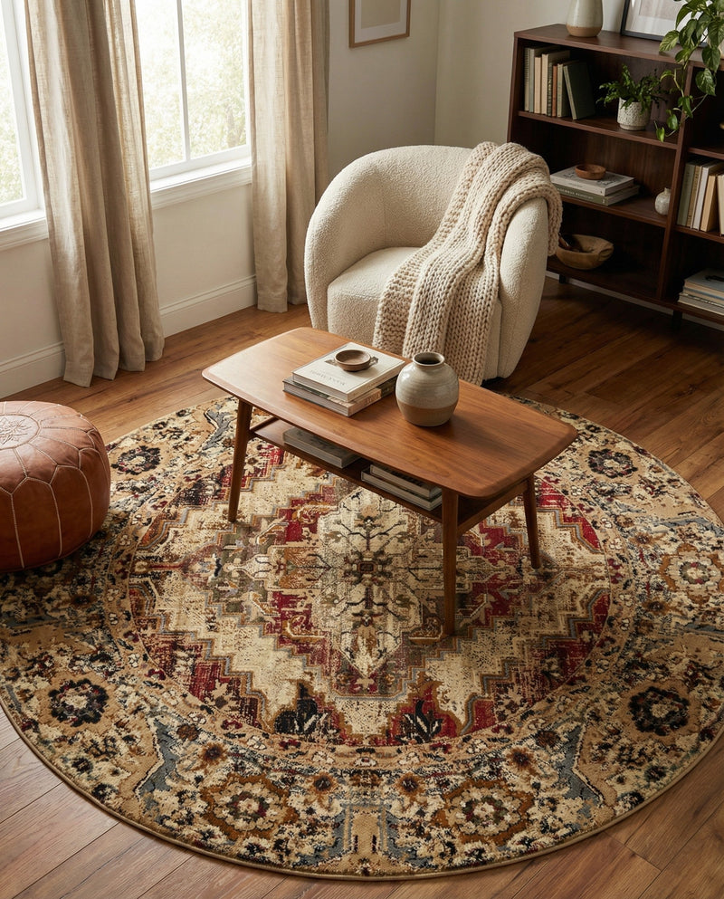 Neptune Elegance Collection Area Rug -  Naiad Round Burgundy Beige  lifestyle 45