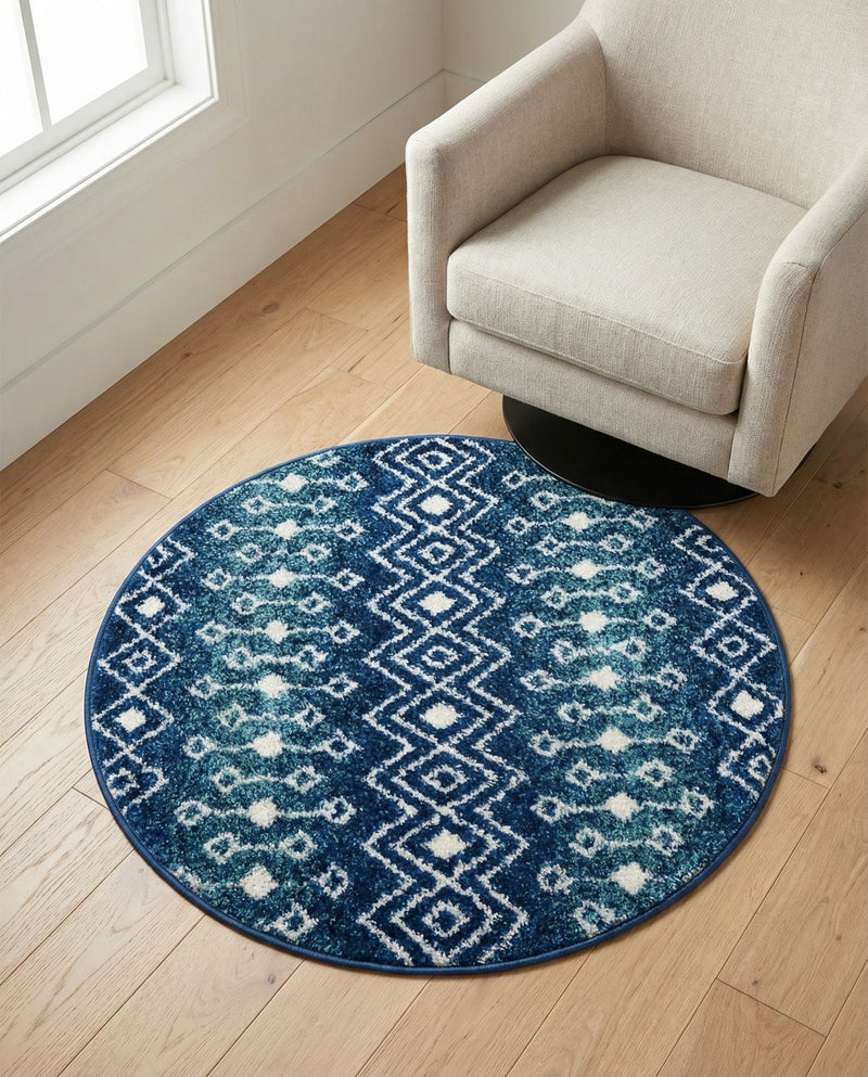 Mediterranean Lattice Collection Area Rug - Santorini (Navy and Teal) Round Navy and Teal  lifestyle 71
