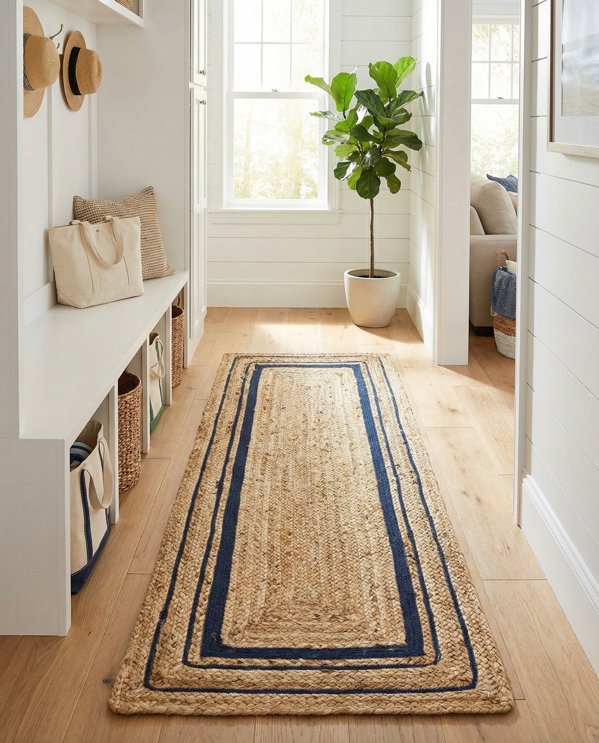 Woven Seaside Jute Collection Area Rug - Nantucket Runner Natural and Navy Blue  lifestyle 79