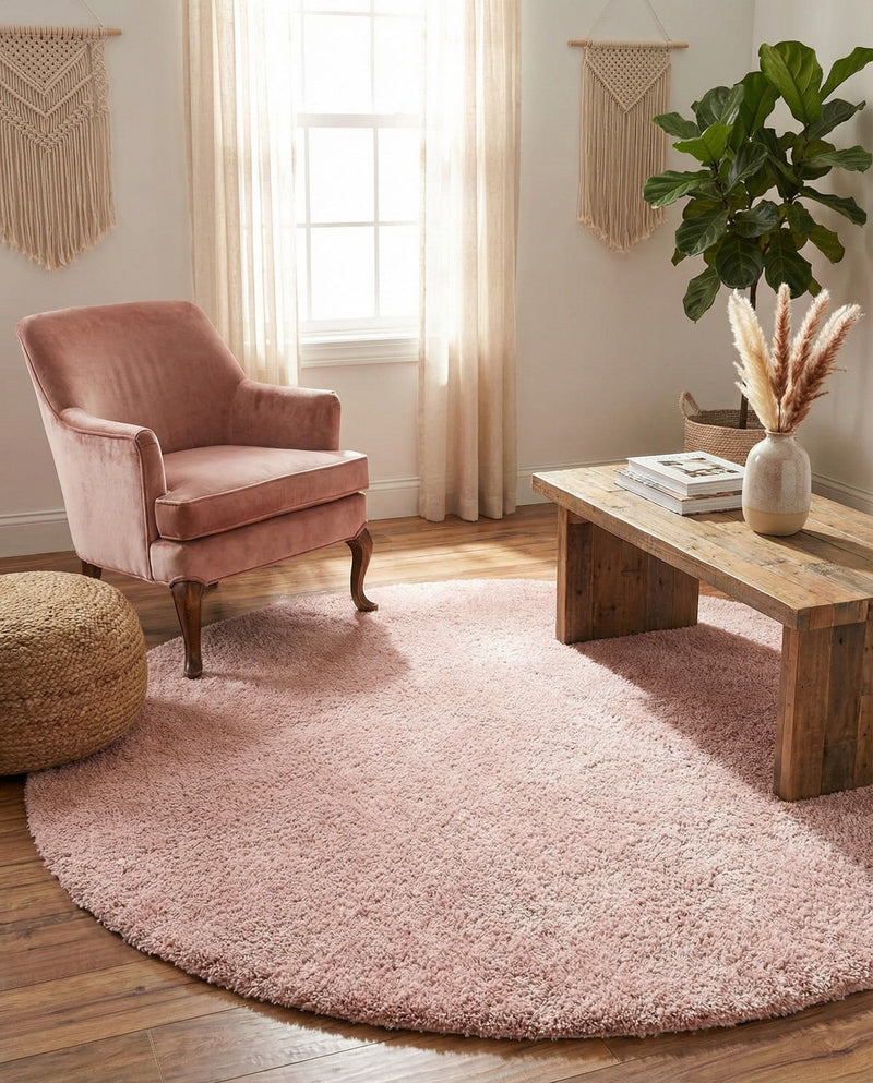 Solid Shag Seaside Collection Area Rug - Azure Cove (Pink) Round Pink  lifestyle 46