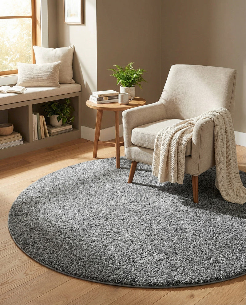 Cozy Comfort Shag Collection Area Rug - Haven (Pebble Gray) Round Pebble Gray  lifestyle 45