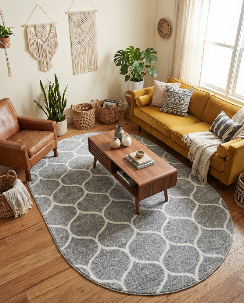 Trellis Mosaic Collection Area Rug -  Pergolatown (Light Gray) Oval Light Gray  lifestyle 83