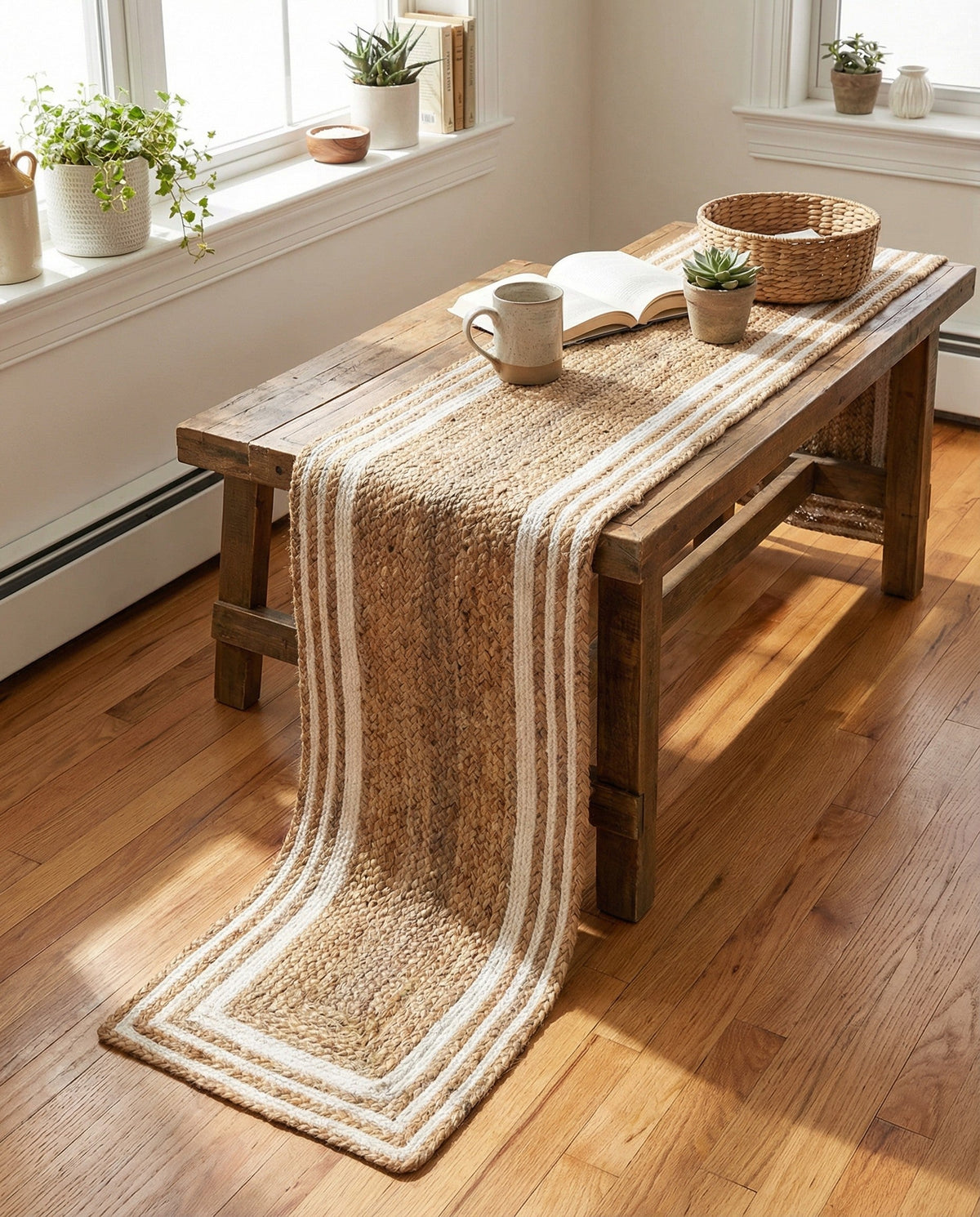 Woven Seaside Jute Collection Area Rug - Nantucket Table Runner Natural and White  lifestyle 115