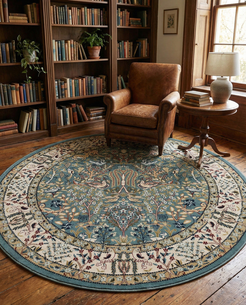 Persian Elegance Collection Area Rug -  Kerman (Blue) Round Blue  lifestyle 50