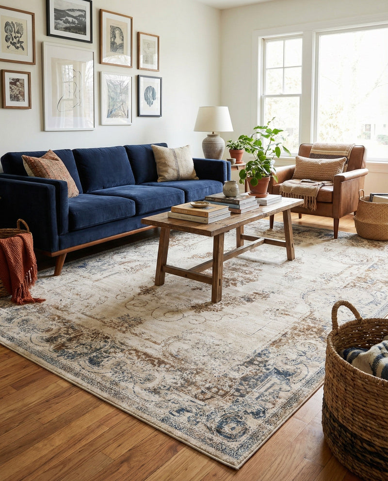 Coastal Manor Collection Area Rug -  Pierpoint Rectangle Blue Cream  lifestyle 16