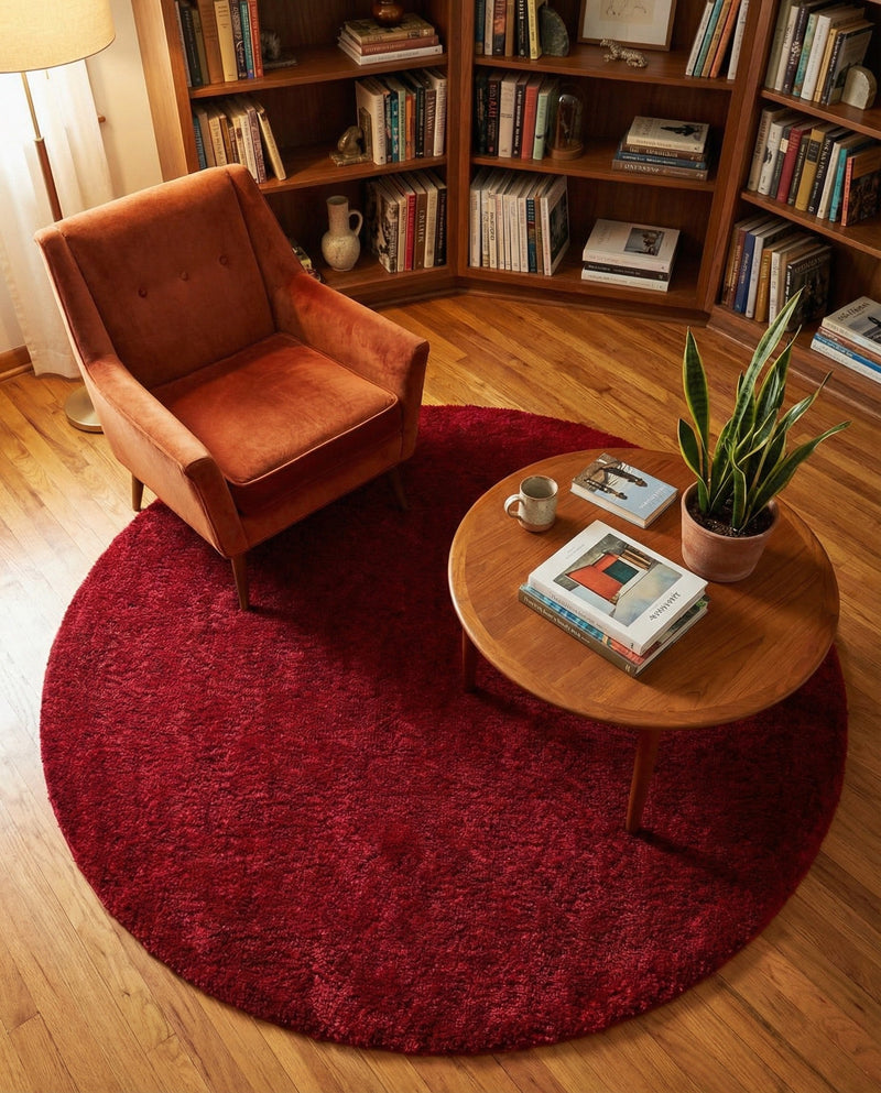 Solid Shag Seaside Collection Area Rug - Azure Cove (Red) Round Red  lifestyle 45