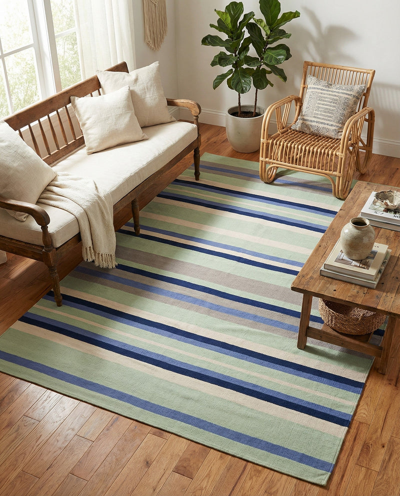 Coastal Stripe Dhurrie Collection Area Rug - Seashore Rectangle Aqua Blue and Gray  lifestyle 17