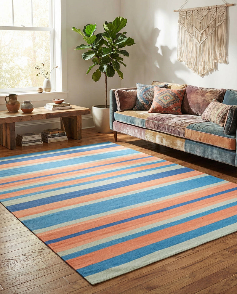 Coastal Stripe Dhurrie Collection Area Rug - Seashore Rectangle Multi  lifestyle 19
