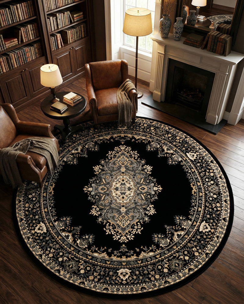 Tabriz Tapestry Collection Area Rug - Azerbaijan (Black) Round Black  lifestyle 38