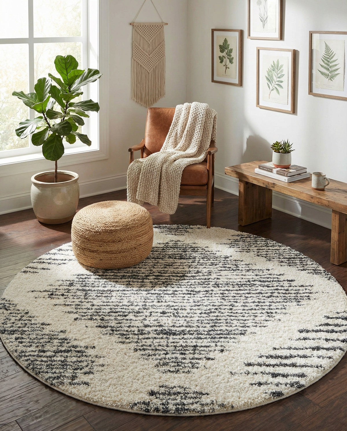 Tranquil Tides Shag Collection Area Rug -  Azure Round White  lifestyle 180