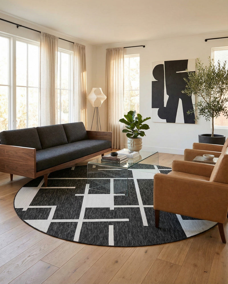 Urban Terrace Collection Area Rug -  Parkside Round Black and White  lifestyle 44