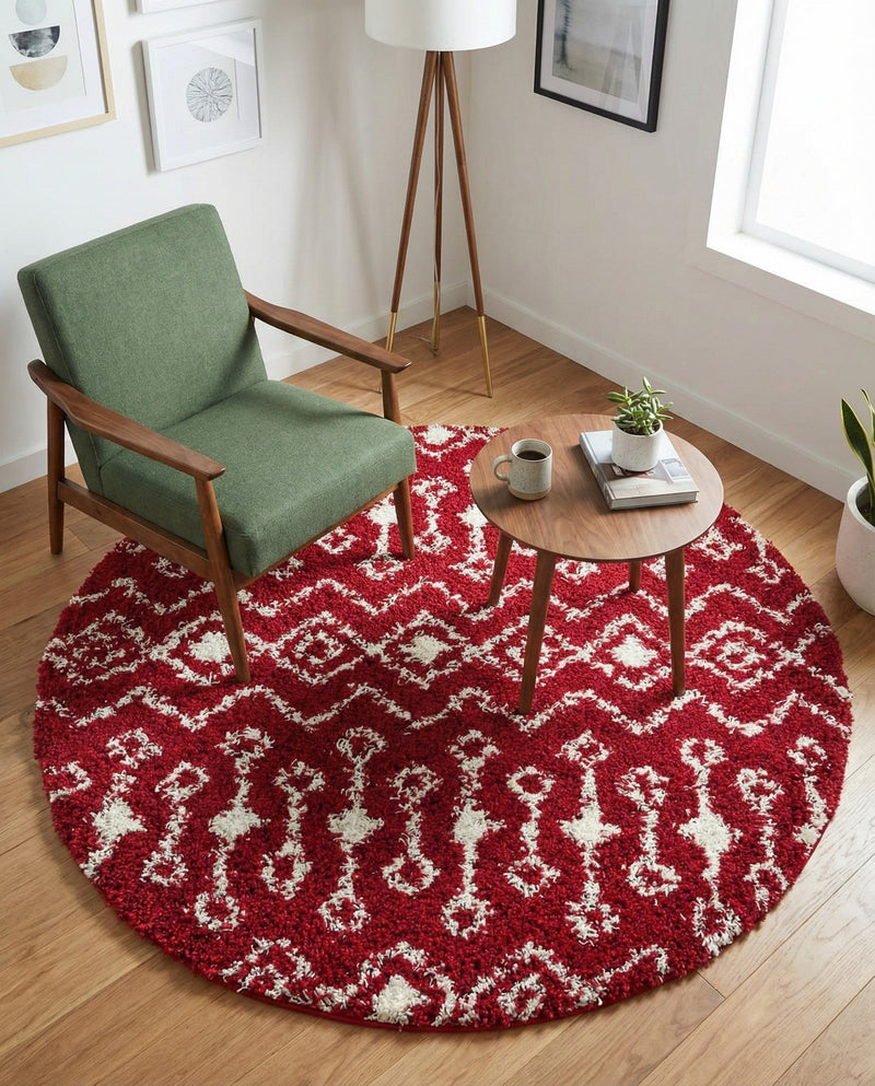 Berber Lattice Shag Collection Area Rug - Atlas (Burgundy Red) Round Burgundy Red  lifestyle 54
