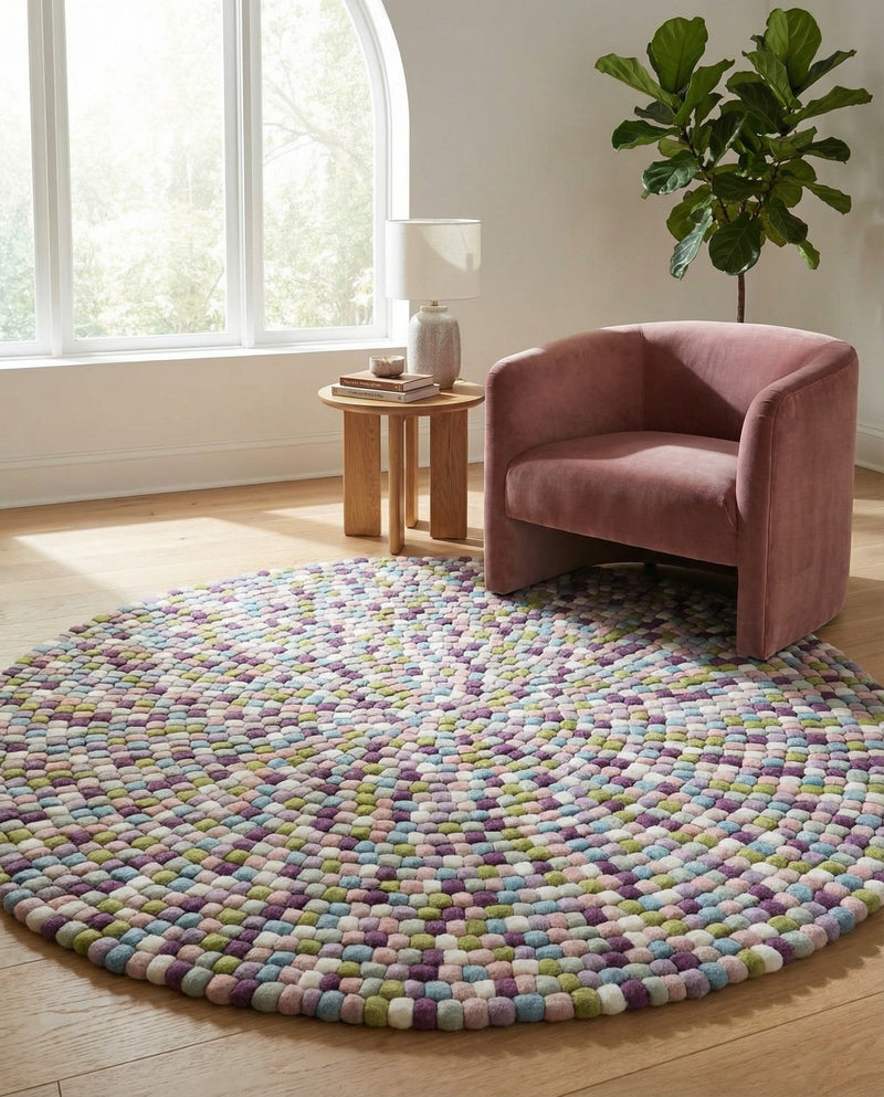 Woolen Sphere Collection Area Rug - Orbsburg (Pink and Purple) Round Pink and Purple  lifestyle 65