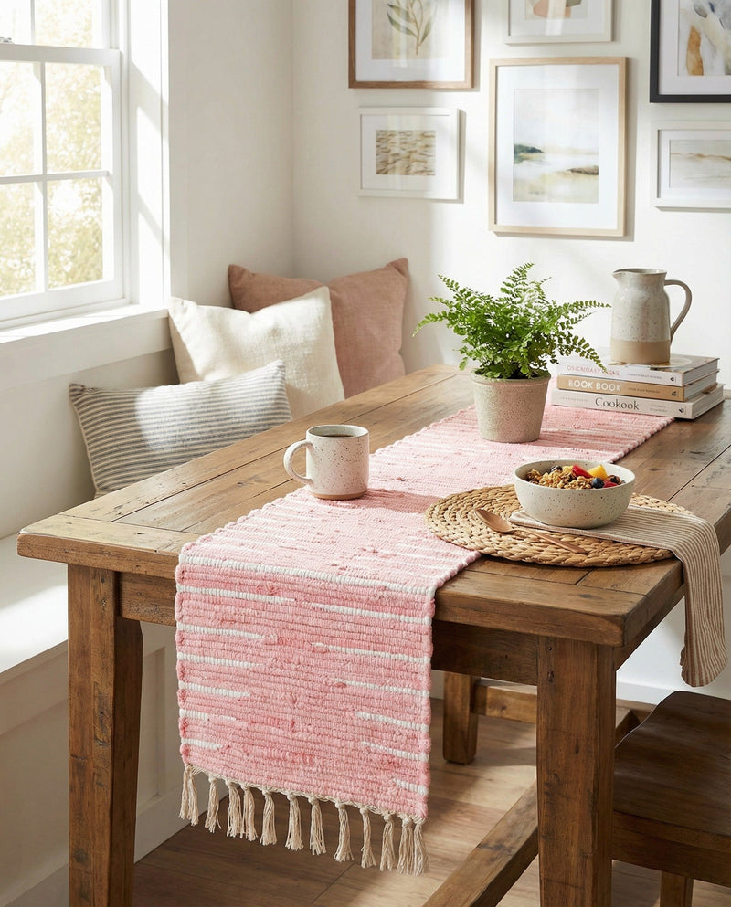 Thar Cotton Collection Area Rug - Jaisalmer (Rose) Table Runner Rose  lifestyle 57
