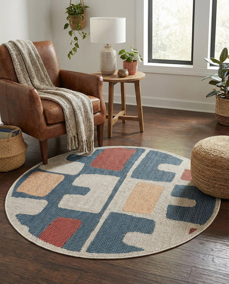 Coastal Terrace Collection Area Rug -  Sail Round Ivory and Blue  lifestyle 26
