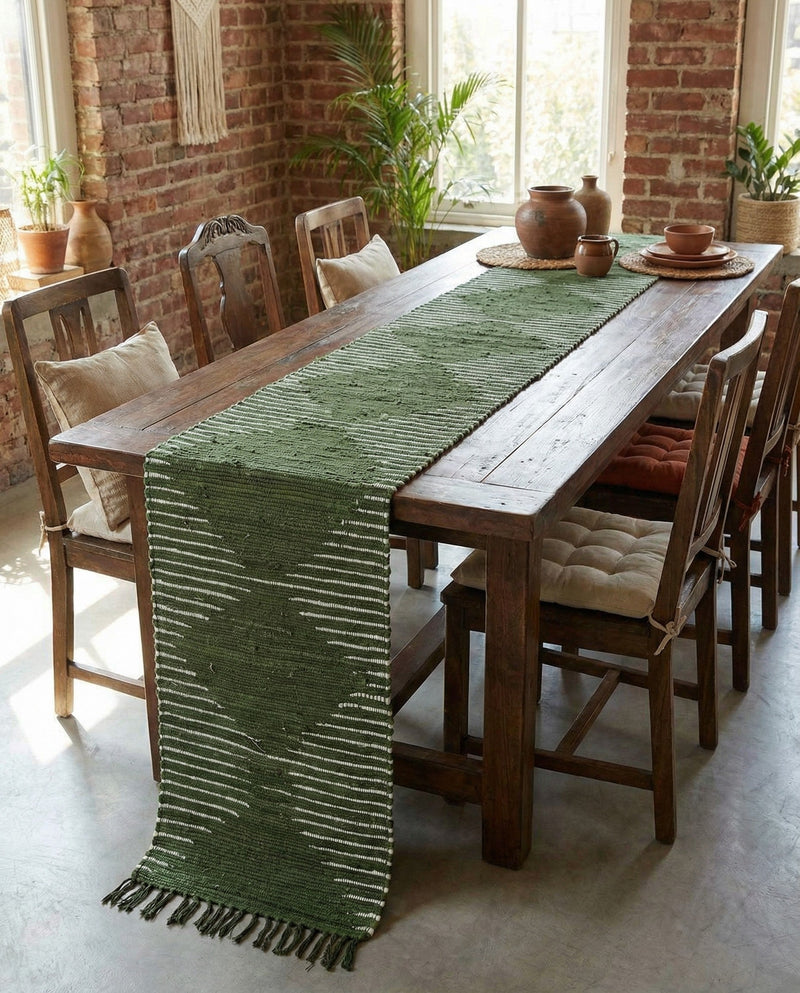 Thar Cotton Collection Area Rug - Jaisalmer (Green) Table Runner Green  lifestyle 58