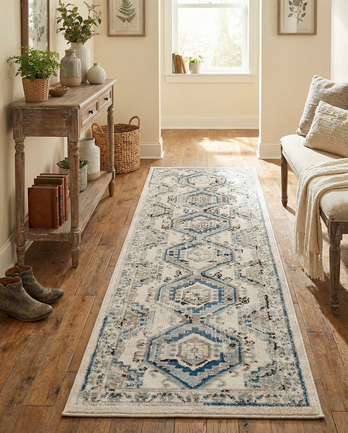 Savannah Elegance Collection Area Rug -  Tybee (Ivory Aqua) Runner Ivory Aqua  lifestyle 93