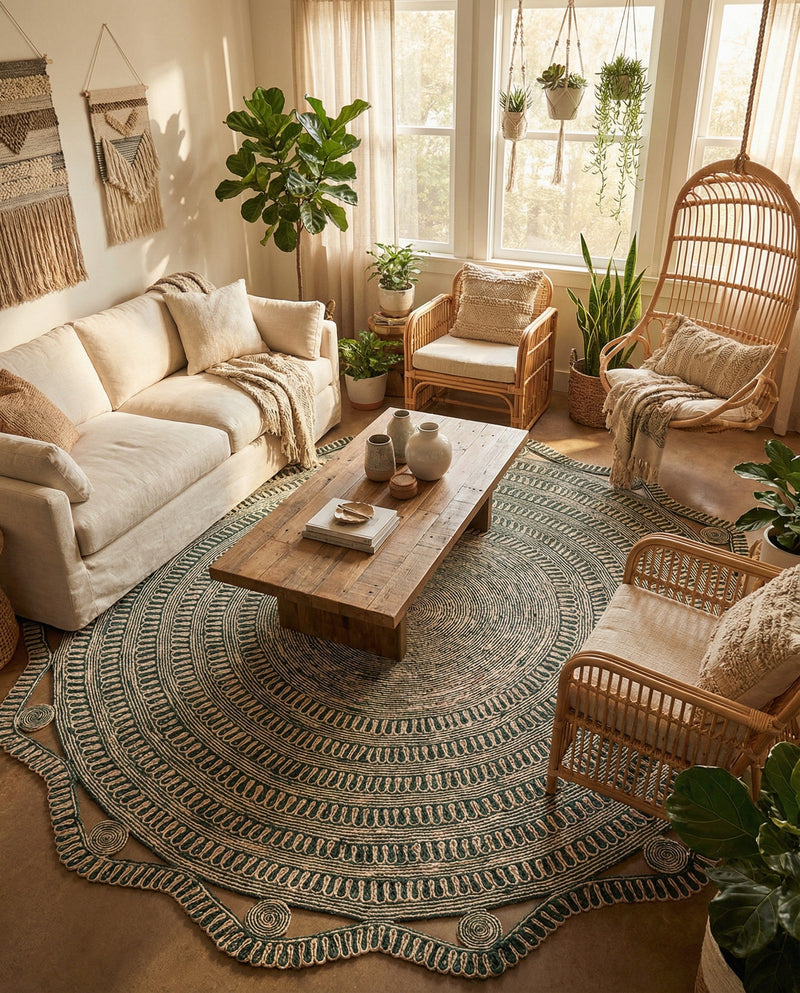 Woven Seaside Jute Collection Area Rug - Nantucket Round Green and White  lifestyle 57