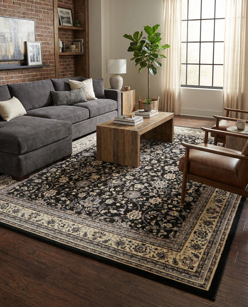 Isfahan Elegance Collection Area Rug - Naghsh-e Jahan (Black) Rectangle Black  lifestyle 47