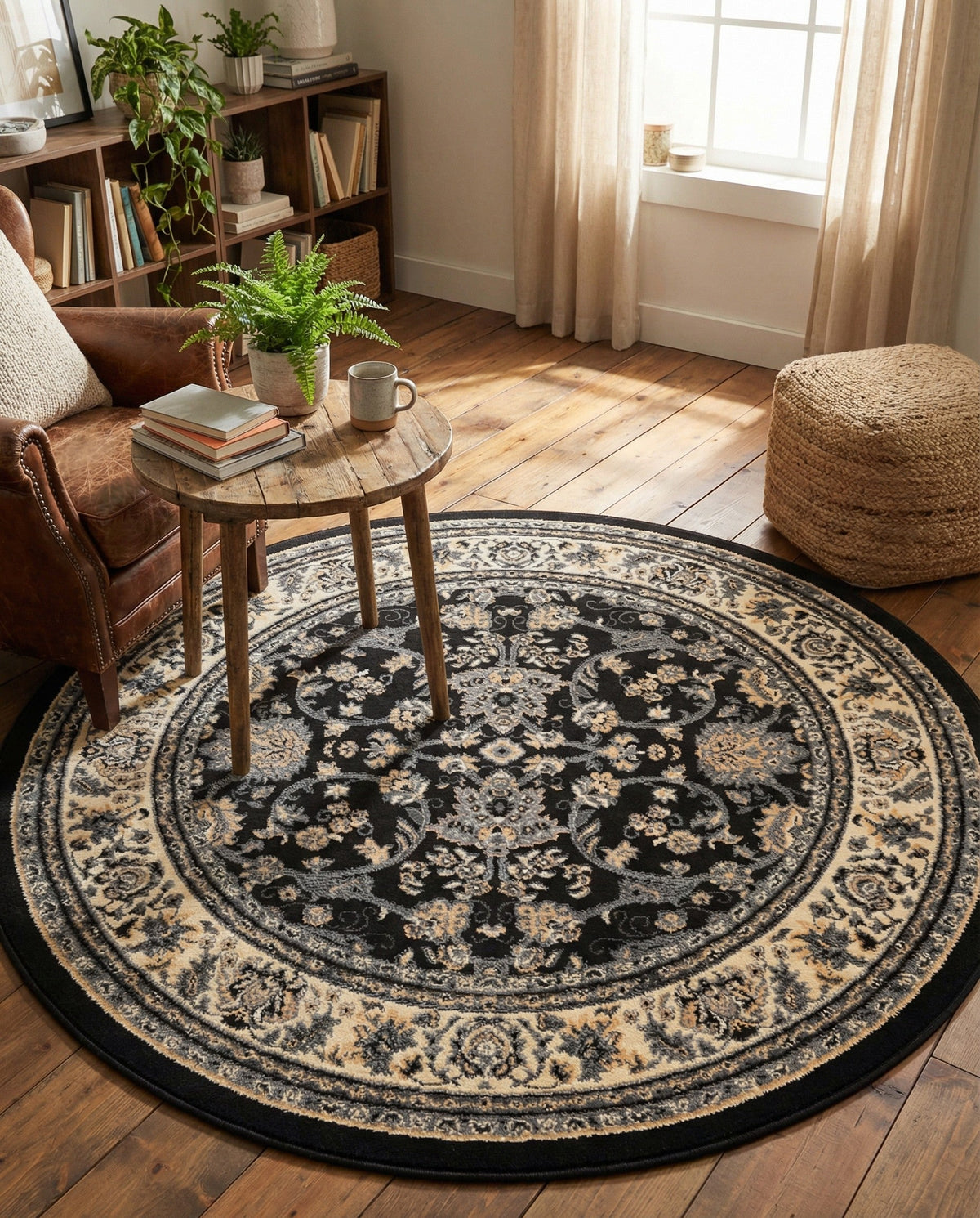 Isfahan Elegance Collection Area Rug - Naghsh-e Jahan (Black) Round Black  lifestyle 86