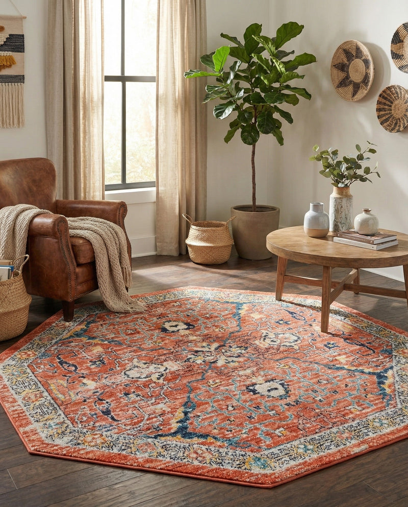 Seville Stripes Collection Area Rug -  Malaga (Brick Red) Octagon Brick Red  lifestyle 67