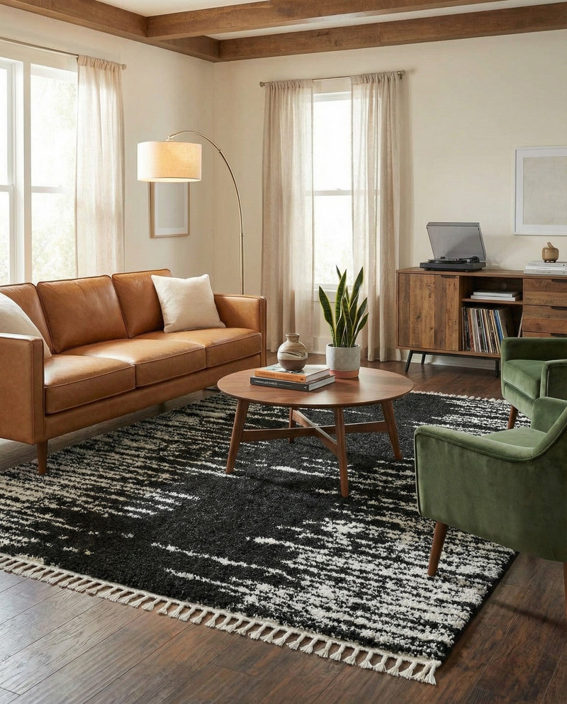 Tranquil Tides Shag Collection Area Rug - Marina Rectangle Black and White  lifestyle 52