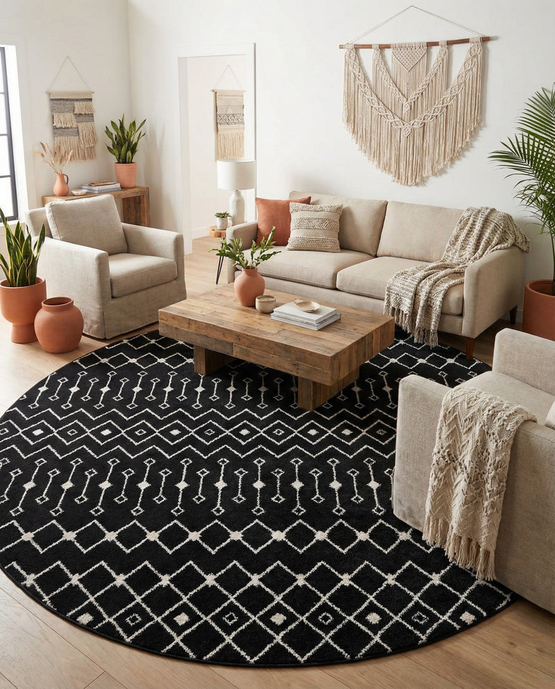 Mediterranean Lattice Collection Area Rug - Santorini (Black and White) Round Black and White  lifestyle 62