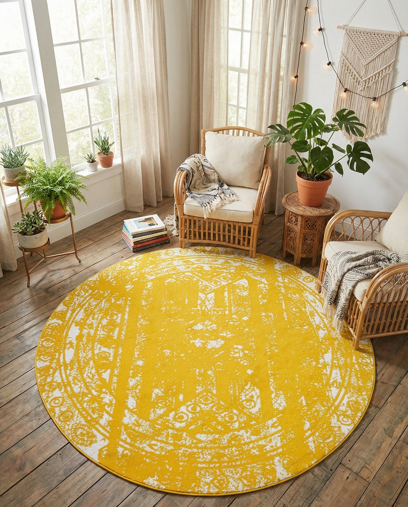 Brighton Stripes Collection Area Rug - Sussex (Yellow) Round Yellow  lifestyle 52