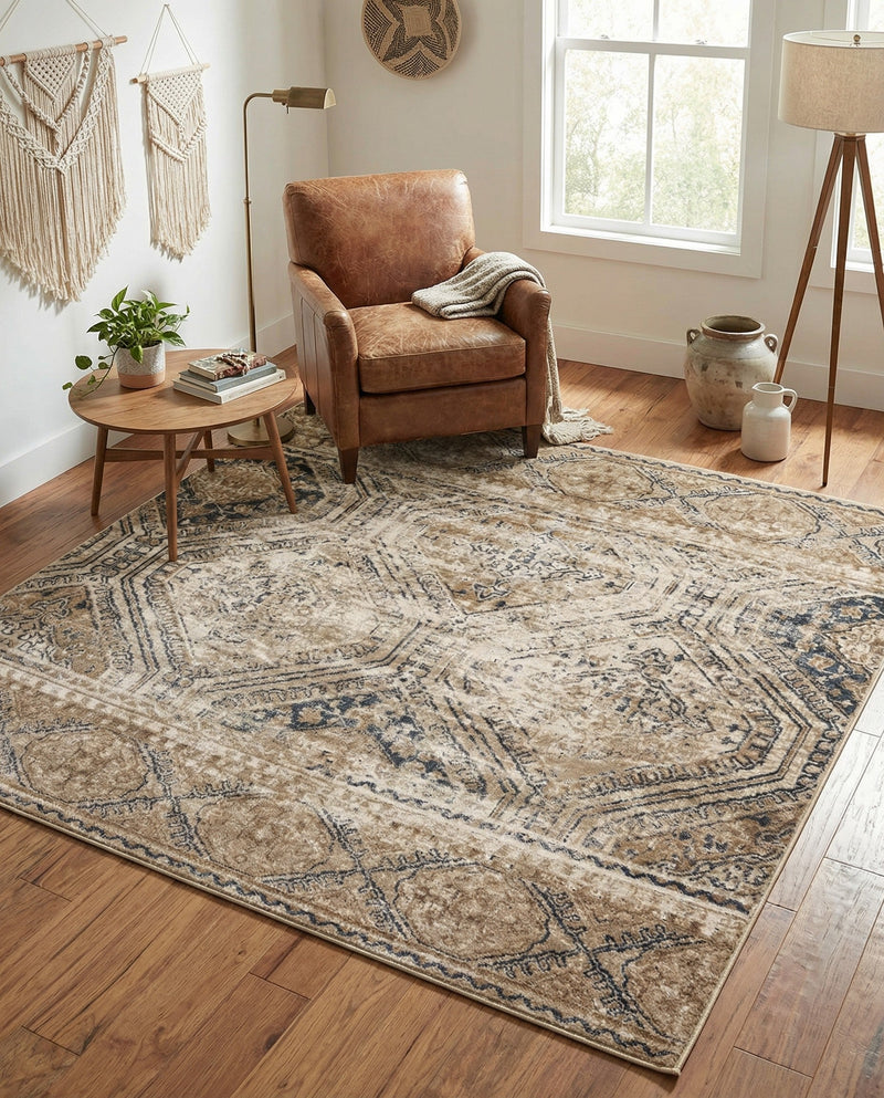 Coastal Manor Collection Area Rug -  Oceanfront Square Blue Beige  lifestyle 27
