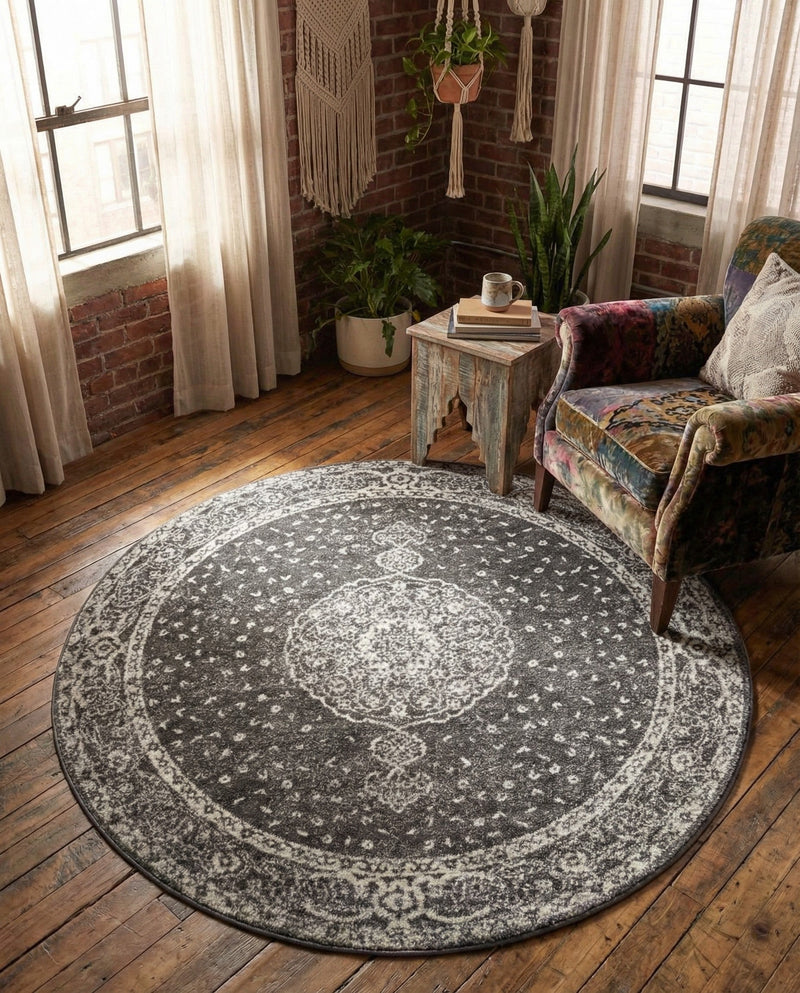Dover Terrace Collection Area Rug - Marina (Dark Gray) Round Dark Gray  lifestyle 60