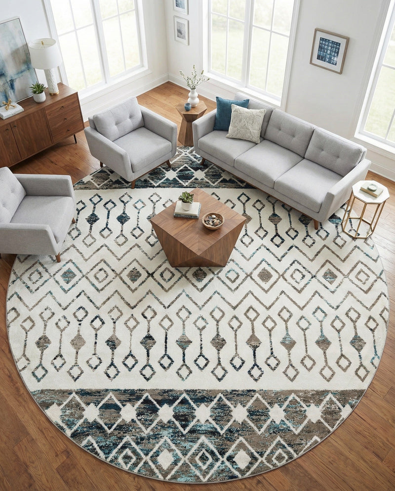 Mediterranean Lattice Collection Area Rug -  Casablanca (Ivory Gray Blue) Round Ivory Gray Blue  lifestyle 27