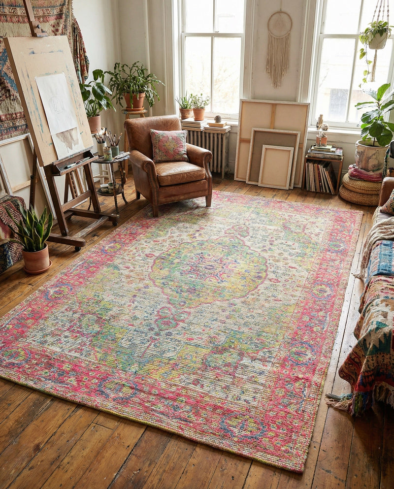 Savannah Threads Collection Area Rug - Charleston Rectangle Ivory Pink  lifestyle 32