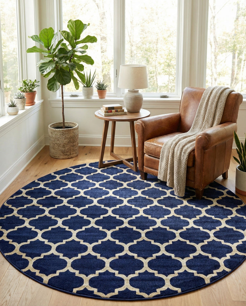 Lattice Gardens Collection Area Rug -  Bloomfield (Dark Blue) Round Dark Blue  lifestyle 43