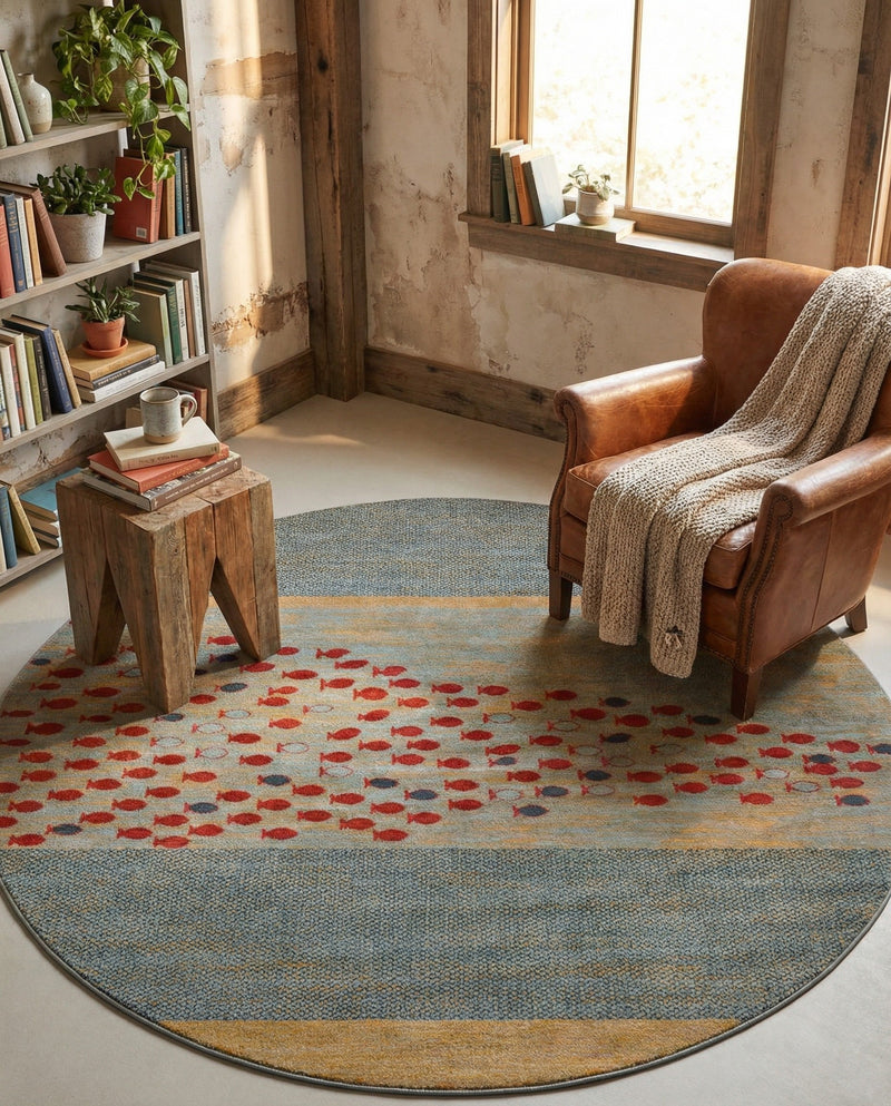 Zagros Oasis Collection Area Rug -  Kermanshah Round Blue  lifestyle 64