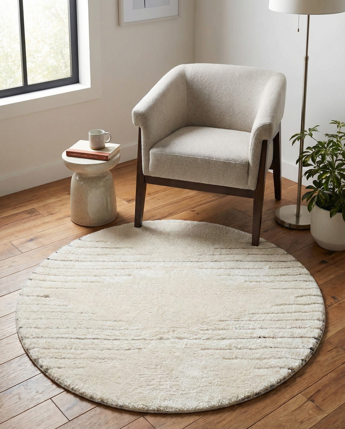 Monochrome Collection Area Rug -  Ash Round Ivory White  lifestyle 118