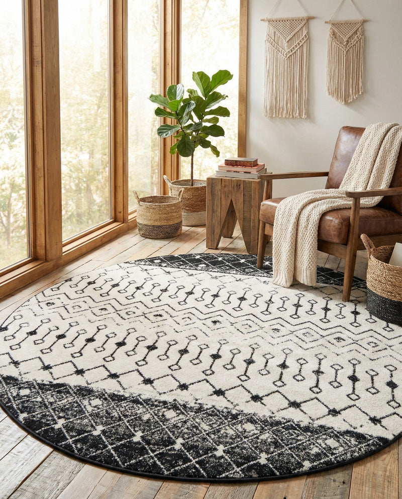Mediterranean Lattice Collection Area Rug -  Casablanca (Black and White) Round Black and White  lifestyle 28