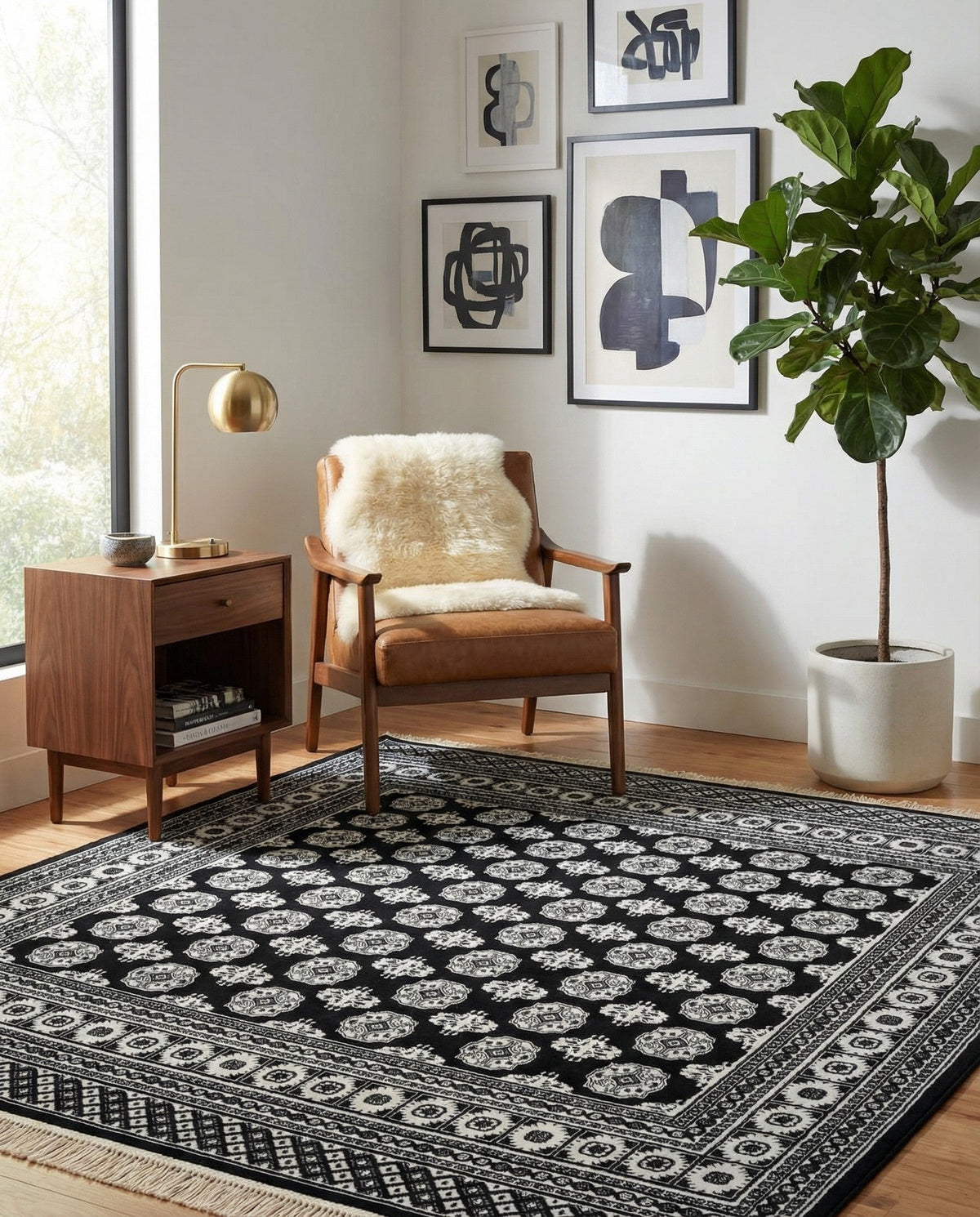Samarkand Elegance Collection Area Rug -  Margilan (Black and White) Square Black and White  lifestyle 88