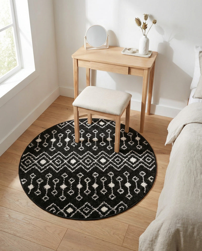 Mediterranean Lattice Collection Area Rug - Santorini (Black and White) Round Black and White  lifestyle 32