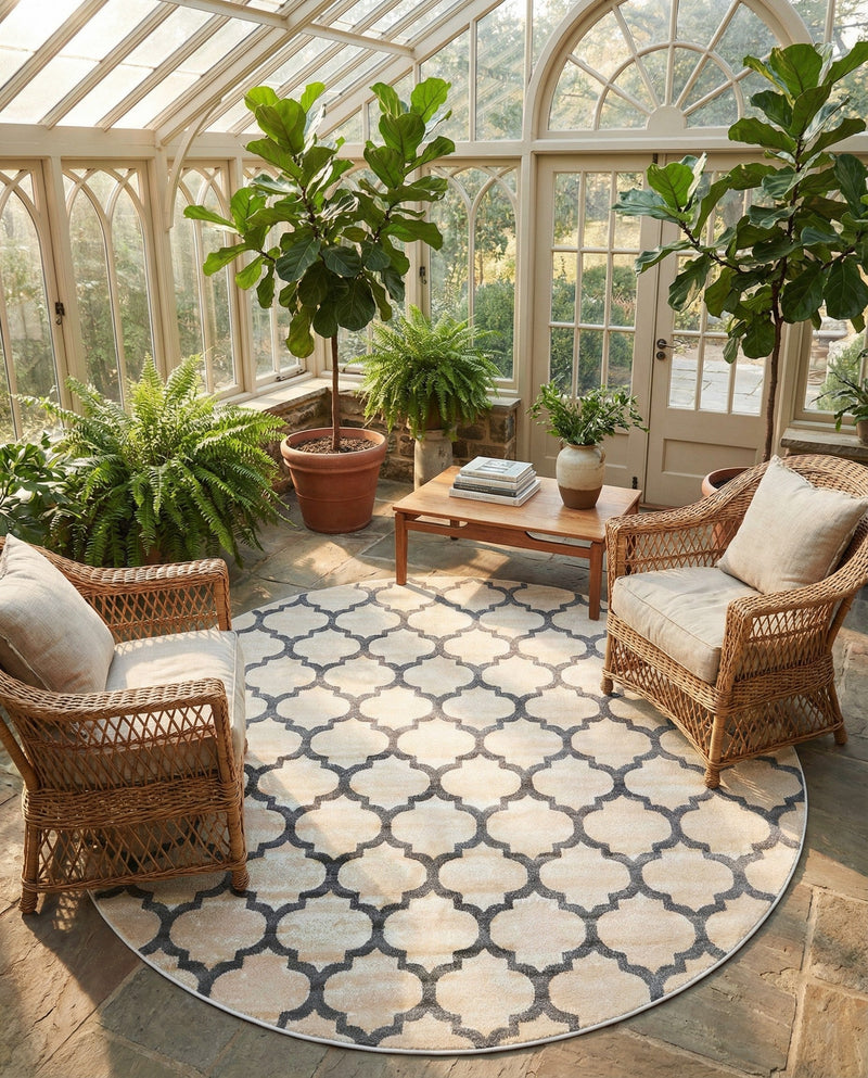 Lattice Gardens Collection Area Rug -  Bloomfield (Beige and Gray) Round Beige and Gray  lifestyle 60