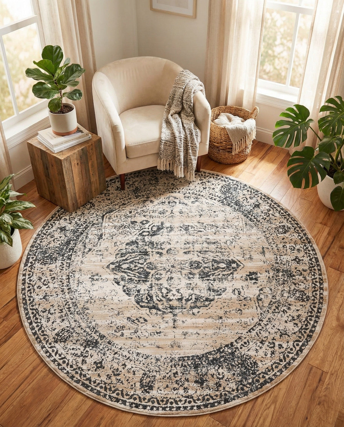 Coastal Manor Collection Area Rug -  Dunes Round Dark Blue  lifestyle 122