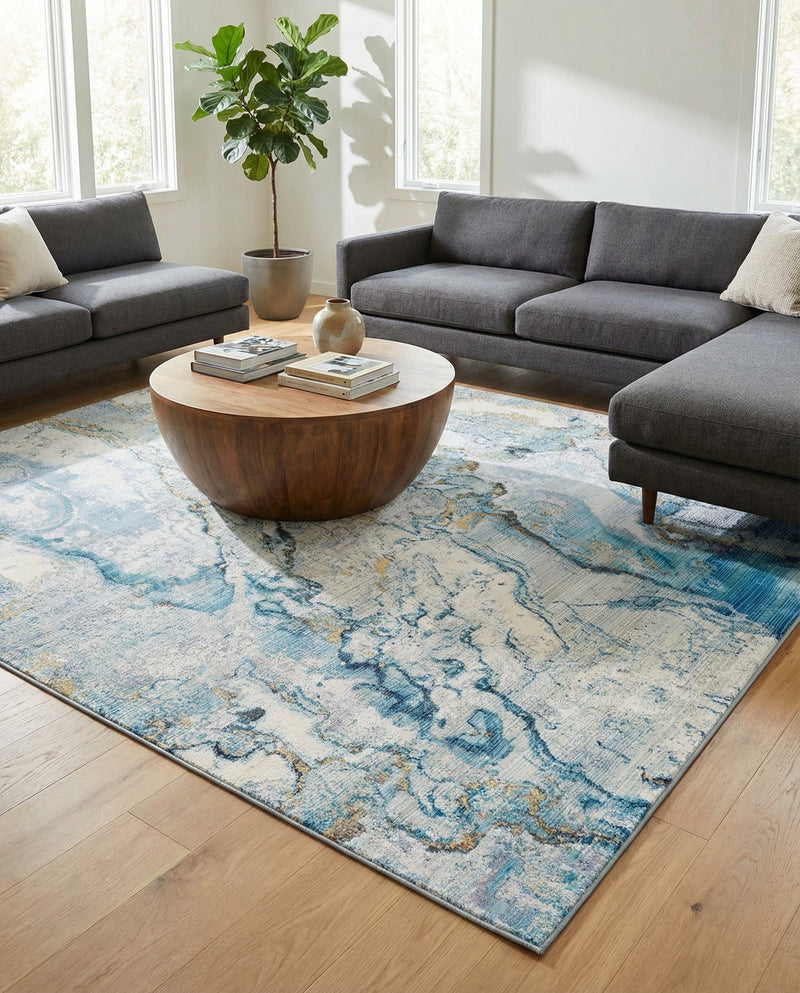 Urban Terrace Collection Area Rug -  Vertex Square Blue and Ivory  lifestyle 65