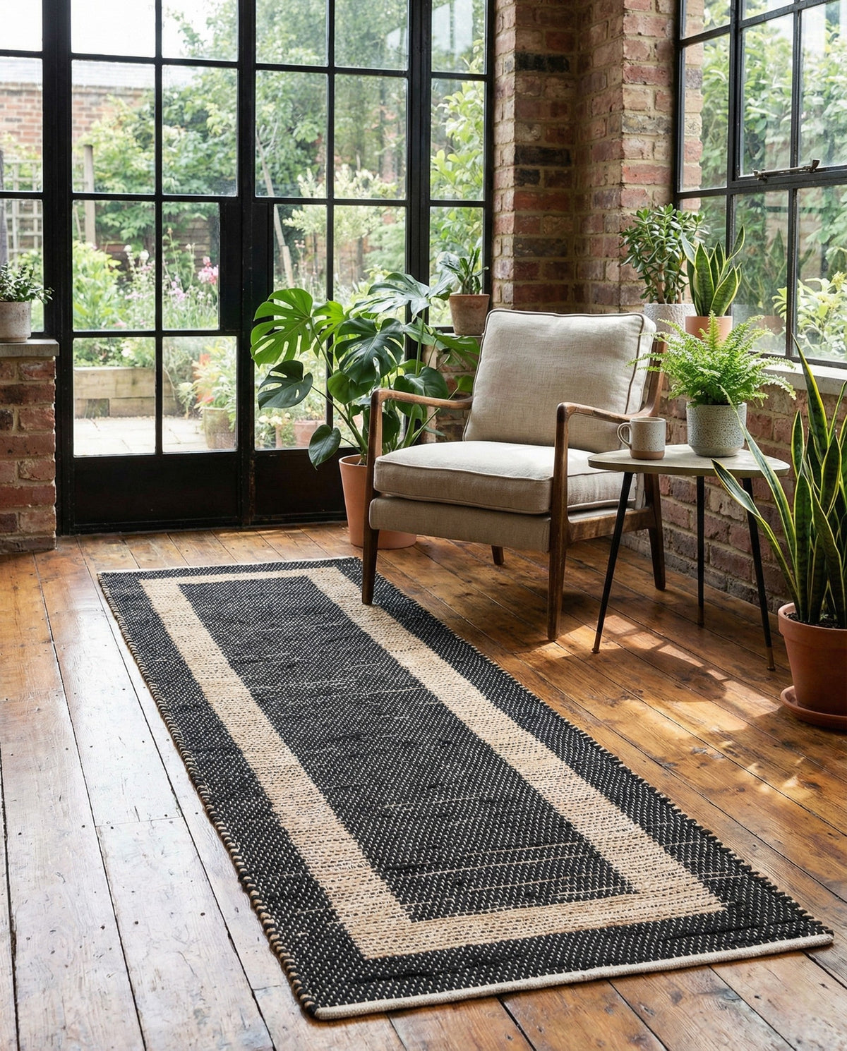 Osian Looms Collection Area Rug - Durham Runner Black-Natural  lifestyle 201