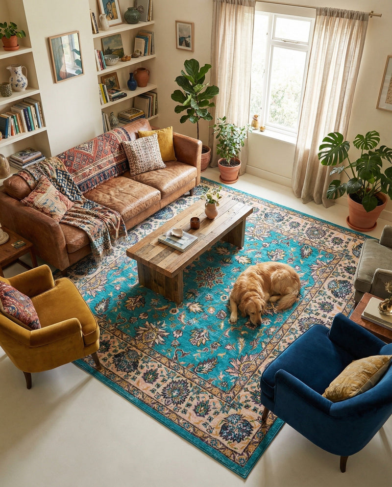 Casablanca Tapestry Collection Area Rug -  Marrakech (Arctic Aqua Blue) Square Arctic Aqua Blue  lifestyle 32